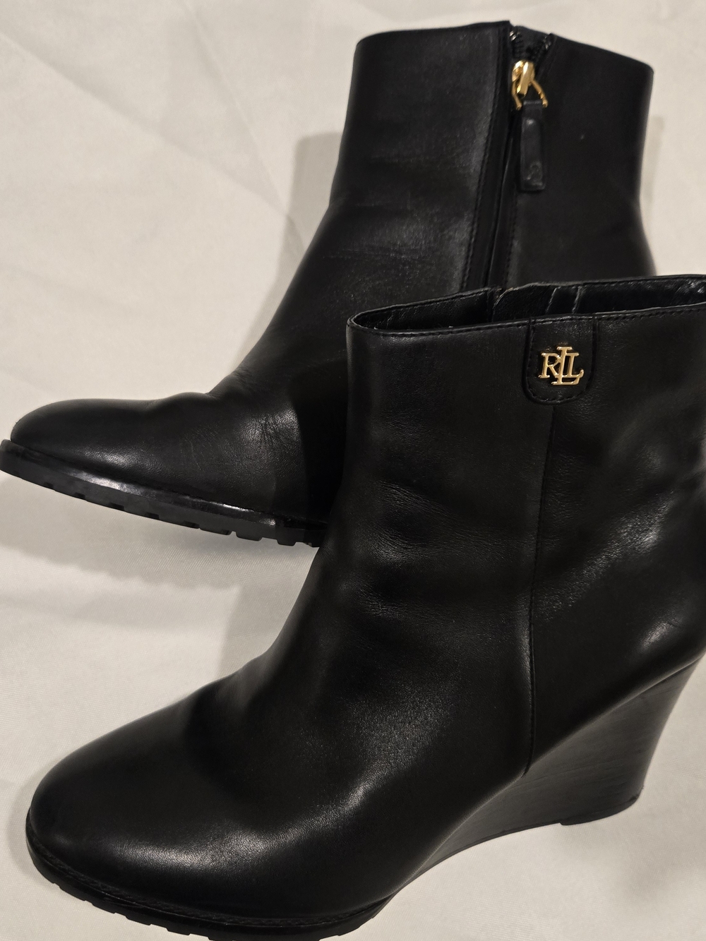 Lauren Ralph Lauren LRL Black Leather Wedge Ankle Booties with Gold Accent